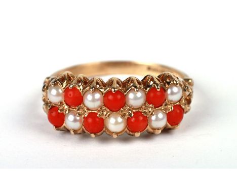 A 9ct gold coral and pearl set ring, approx UK size 'O', 2.5g.