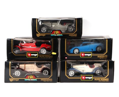 Five Bburago 1/18 scale metal diecast cars comprising Bugatti, an EB110, Alpha Romeo, 8C Monza, Alfa Romeo 2300 Spider, Jagua