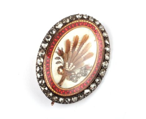 A Georgian yellow metal diamond set and guilloche enamel hairwork mourning pendant brooch, the central oval panel with hairwo