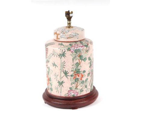 A 20th century Chinese famille rose vase form table lamp, 34cms high.