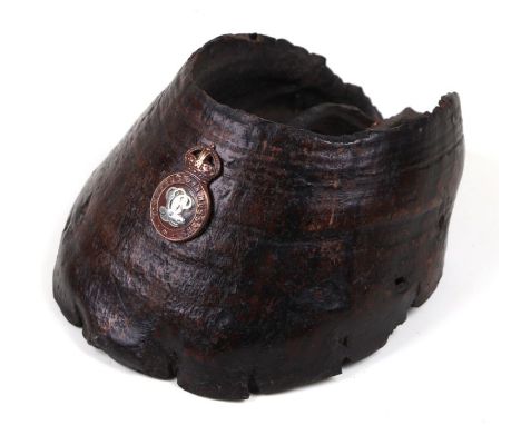 A horse hoof desk weight mounted with a British Army Queen's Own Hussars badge, 14cms wide.