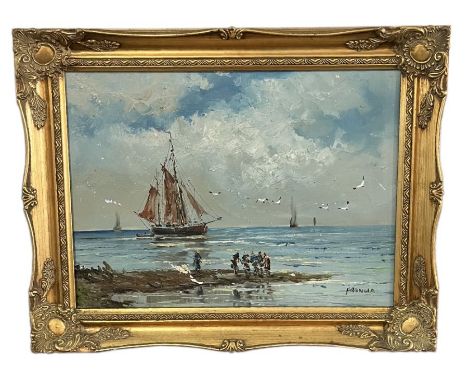 Francia (20th century continental school) - Seascape with Figures on the Shoreline - signed lower right, framed, 39 by 30cms.