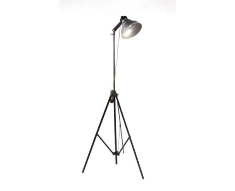 A mid century Photax tripod adjustable floor standing lamp with aluminium shade.