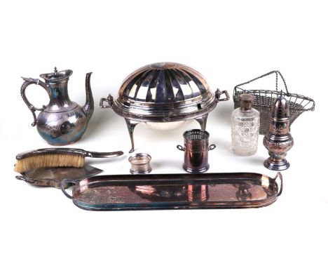 A Sheffield plate sugar caster; an Elkington &amp; Co silver plated coffee pot; a boxed set of horn handled steak knives; sil