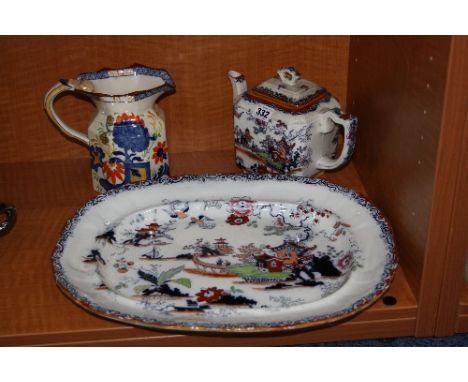 A MASONS IRONSTONE TEAPOT, printed with pagoda landscape, No.1365, a Masons octagonal jug 'Jardiniere' pattern and an Ashwort