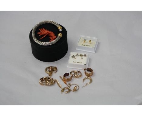 NINE PAIRS OF 9CT EARRINGS, approximate total weight 11.5 grams, together with three other pairs of stud earrings and torque 