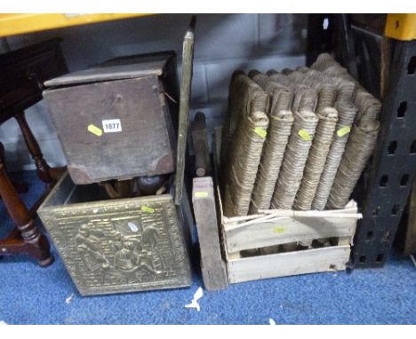 A CRATE, containing rush seat pads, brass log box and a wooden box, etc