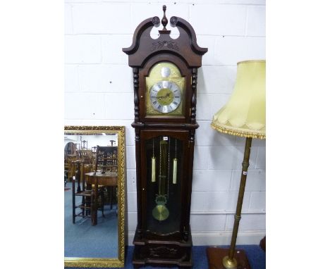 A MODERN MAHOGANY LONGCASE CLOCK, 31 day, brass arched face with silvered chapter ring marked C Wood & Son (key and pendulum)