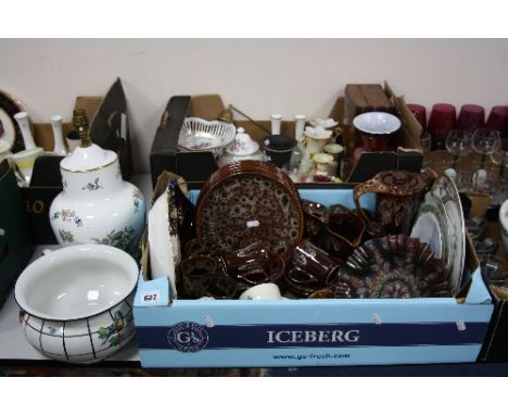 TWO BOXES AND LOOSE CERAMICS, GLASS, etc, to include Aynsley 'Pembroke' lamp base, purple Carnival glass dish, Wedgwood black