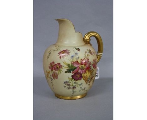 A ROYAL WORCESTER BLUSH IVORY FLATBACK JUG, florally decorated with gilt detail, shape No.1094, height approximately 20cm