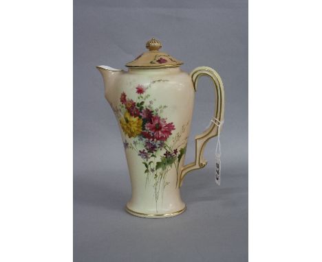 A ROYAL WORCESTER BLUSH IVORY COFFEE POT, florally decorated, Rd.No.209440, height approximately 22cm