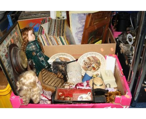 TWO BOXES OF SUNDRIES, to include collectors dolls, barometer, bird cage automaton (a/f), records, pictures etc