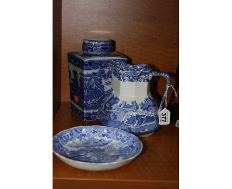 A COPELANDS SPODE 'ITALIAN' OCTAGONAL JUG, a Grainger & Worcester 'Willow' tea saucer and Ringtons tea caddy (3)