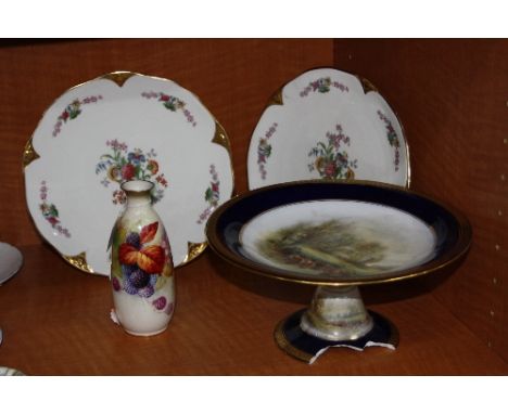 A ROYAL WORCESTER TAZZA, decorated with a study of cattle, signed J. Stinton within blue and raised gilt borders (missing par