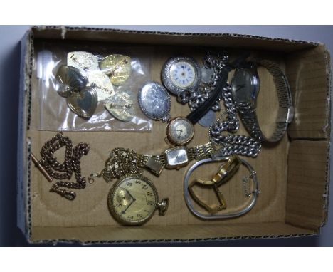 A MIXED LOT, to include a silver charm bracelet, another silver bracelet, silver fob watch, silver bangle, gold ladies watch,