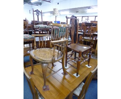 A CANE SEATED ARMCHAIR, with turned and twisted back and sides and a single chair with solid seat (2)