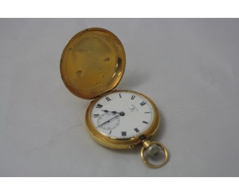 AN 18CT GOLD FULL HUNTER POCKET WATCH, Rotherhams London, Birmingham 1931, damage to white enamel dial, missing hand to secon