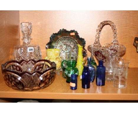 A GROUP OF GLASSWARES, to include cut glass decanter, Carnival glass dish etc