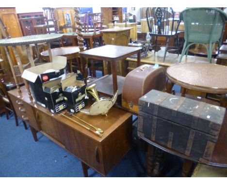 A BRASS TRAY TOP FOLDING TABLE, tool box with tools, various light fittings, etc (9)