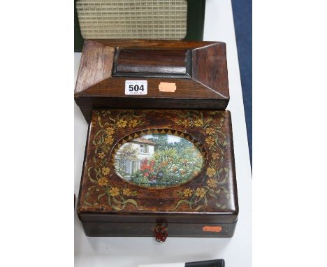 A TWO DIVISION SARCOPHAGUS SHAPED TEA CADDY, (a/f), approximately 22cm x 12cm x 11cm high, together with florally painted rec