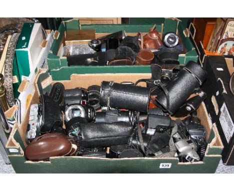 TWO BOXES OF SLR CAMERAS, LENSES AND ACCESSORIES, including Pentax, Minolta etc