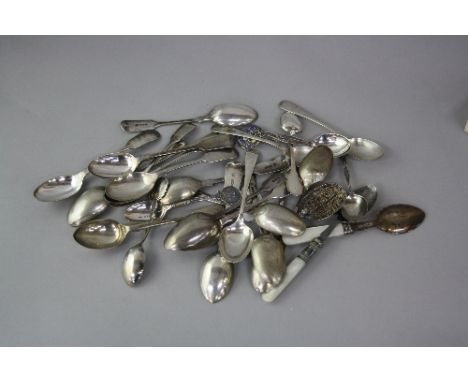 VARIOUS SILVER SPOONS, to include fiddle handle teaspoons, Norfolk Miniature Rifle Assoc spoons, etc, together with mother of