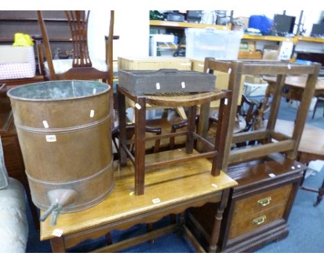 A COPPER URN WITH TAP (no lid), an oak stick stand, stool and a cutlery tray (4)