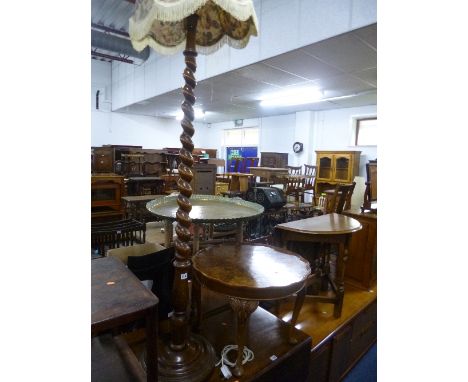 AN OAK BARLEY TWIST STANDARD LAMP, with shade and a walnut coffee table (2)