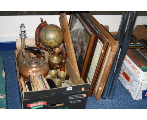 A BOX AND LOOSE SUNDRY ITEMS, to include singles, pictures, ornaments, globe, cricket bat, glass decanter etc