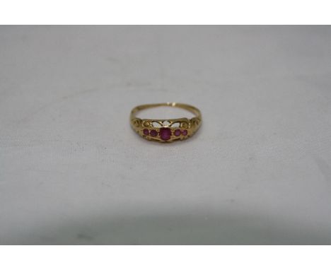 A VICTORIAN 14CT RUBY BOAT RING, ring size O