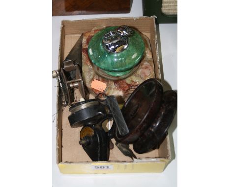 FISHING REELS, to include K P Morritt's Intrepid-de-Luxe, ELO, a table lighter and ashtray etc