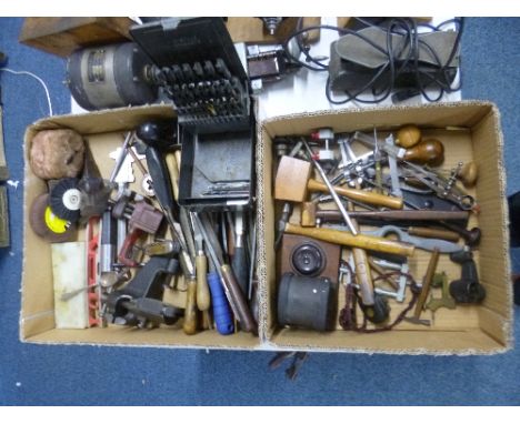 TWO BOXES OF WATCH/CLOCK MAKERS HAND TOOLS, including vices, files, hammers, etc