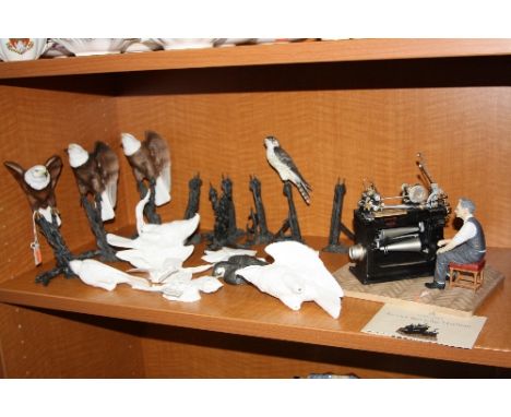 UNFINISHED ROYAL WORCESTER BIRD OF PREY ORNAMENTS, stands etc and a Royal Mint Classic figure group 'The Janvier Reducing Mac