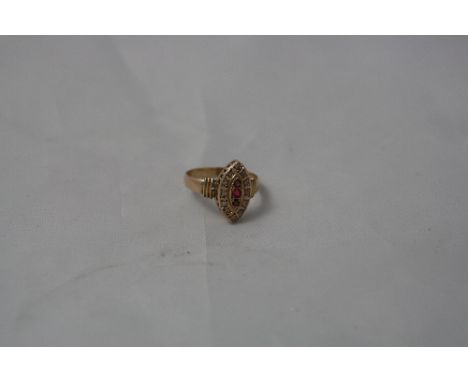 A 9CT VICTORIAN MARQUISE SHAPED DIAMOND AND RUBY RING, ring size M1/2, approximate weight 2.0 grams