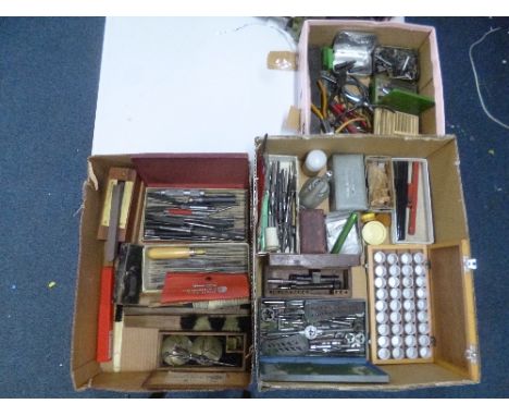 THREE BOXES OF ASSORTED WATCH/CLOCKMAKERS HAND TOOLS, etc, including pliers, nippers, filer, scales, etc