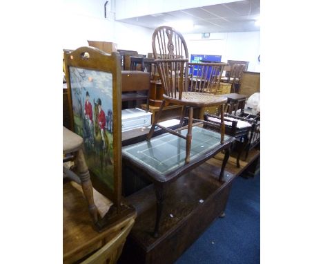 A WHEEL BACK WINDSOR STYLE ARMCHAIR, with canework seat, piano stool and a firescreen (sd) (3)