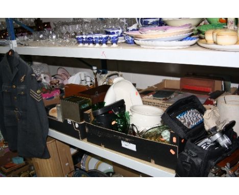 FOUR BOXES AND LOOSE SUNDRY ITEMS, to include tripod, books, binoculars, lamp bases, glass, ceramics, records etc