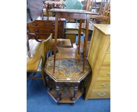 A CARVED OAK OCTAGONAL TABLE, with under shelf on turned supports, approximate size width 68cm x height 68cm and an Edwardian