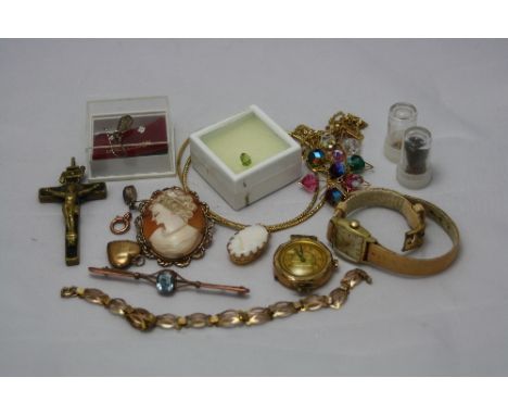 A MIXED LOT, to include a 9ct watch head, cameo, opal pendant, chains, locket, etc