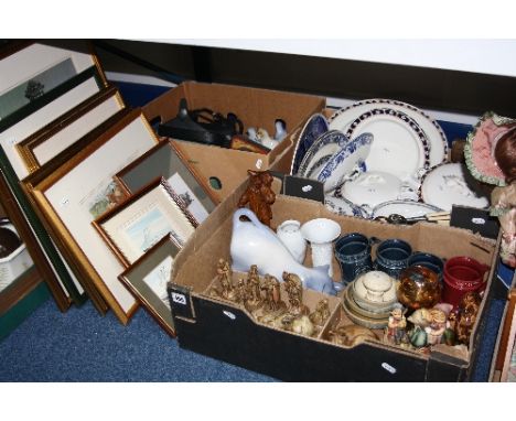 THREE BOXES AND LOOSE SUNDRY ITEMS, to include pictures, cutlery, Hummel figures, binoculars, dinnerwares etc
