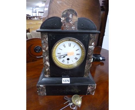 A VICTORIAN BLACK SLATE MANTLE CLOCK, with inset marble panels (sd) (key and pendulum)