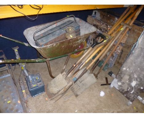 A QUANTITY OF GARDEN TOOLS, metal wheelbarrow and a toolbox