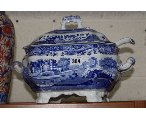 A LARGE SPODE TWIN HANDLED TUREEN, COVER AND LADLE, 'Italian' pattern