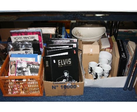 A QUANTITY OF ELVIS COMMEMORATIVE ITEMS, records, magazines, mugs etc (four boxes), together with two boxes of sundries, book