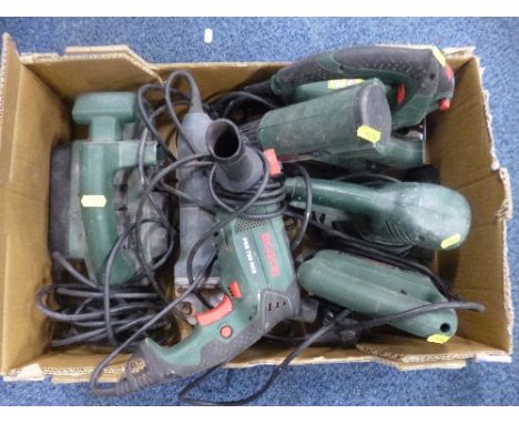 A BOX CONTAINING SEVEN VARIOUS BOSCH ELECTRICAL HAND TOOLS, including two sanders, two drills, a jigsaw, etc