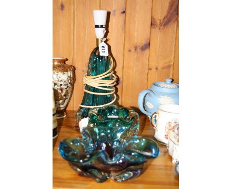 A STUDIO GLASS LAMP BASE, height approximately 35cm (including fittings), together with two similar glass bowls (3)