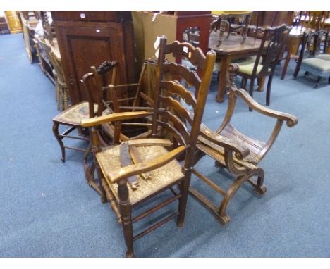 AN OAK RUSH SEATED LADDER BACK ARMCHAIR, and four various other chairs (for restoration) (5)