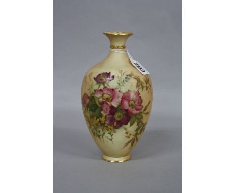 A ROYAL WORCESTER BLUSH IVORY BALUSTER SHAPE VASE, florally decorated with gilt detail, shape No.294, puce factory mark, heig