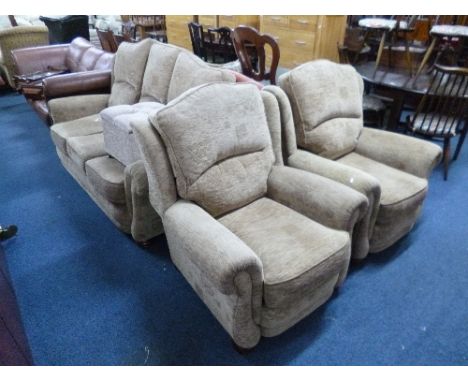 A THREE PIECE SUITE WITH MOCHA UPHOLSTERY, comprising three seater settee and two armchairs and a small pouffe/stool not matc