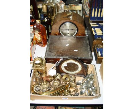 A GEOMETRIC INLAID OAK CASED WESTMINSTER CHIME DOME TOP MANTEL CLOCK, (key and pendulum), part canteen of cutlery, lantern cl